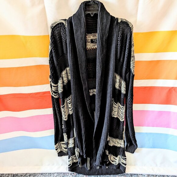All Saints Sweaters - Allsaints Siouxsie Cardigan Black Tan Distressed Knit Grunge Long Duster Fray 4